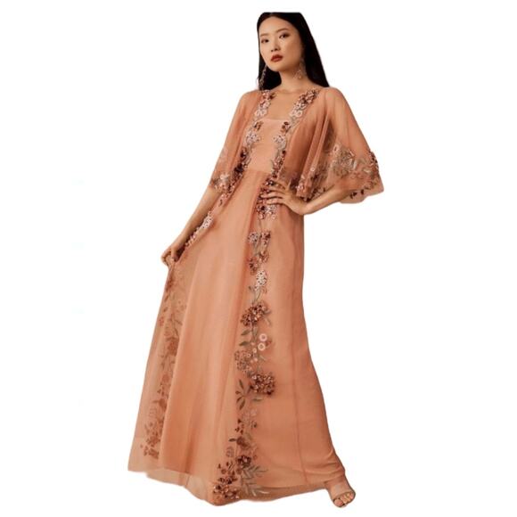Anthropologie BHLDN Isabella Dress Floral Embellished Tulle Maxi Gown Blush 12
